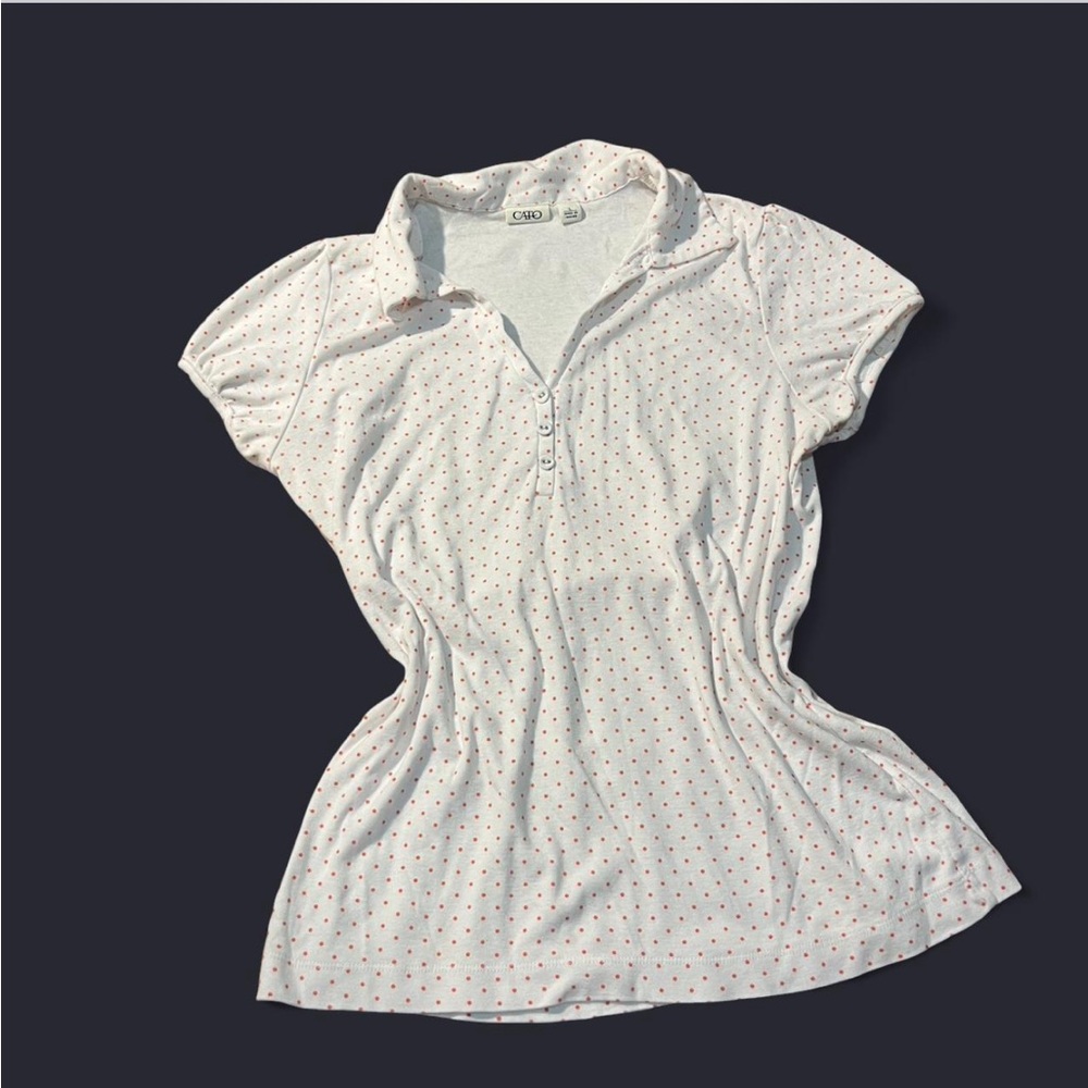Cato White Button Down Shirt with orange Polka Dots